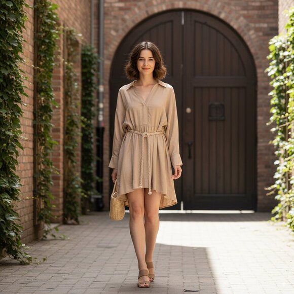 Mon Renn Hermosa Mini Oversized Shirt Dress with Belt in Chai Size Small NWT - Picture 1 of 6